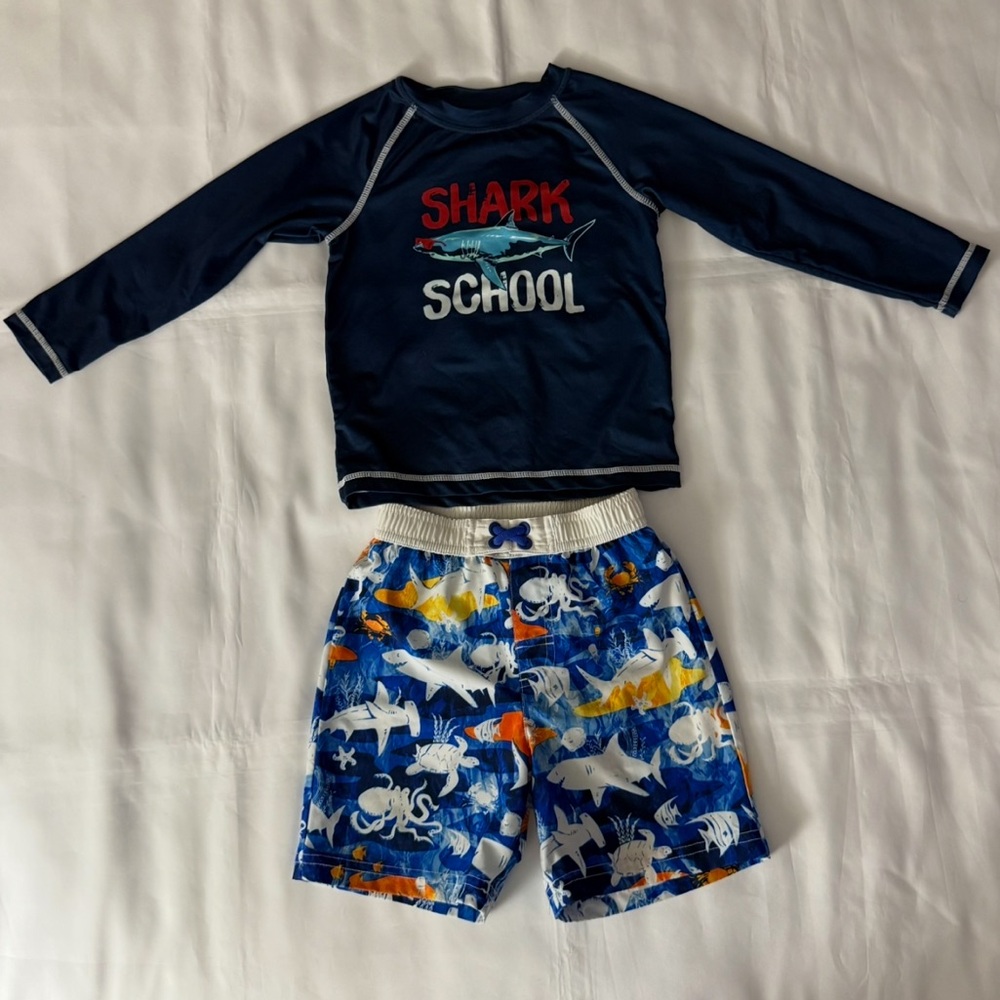 Wonder Nation “Shark School” 2pc Matching Toddler Swimsuit - Swim Top & Trunks